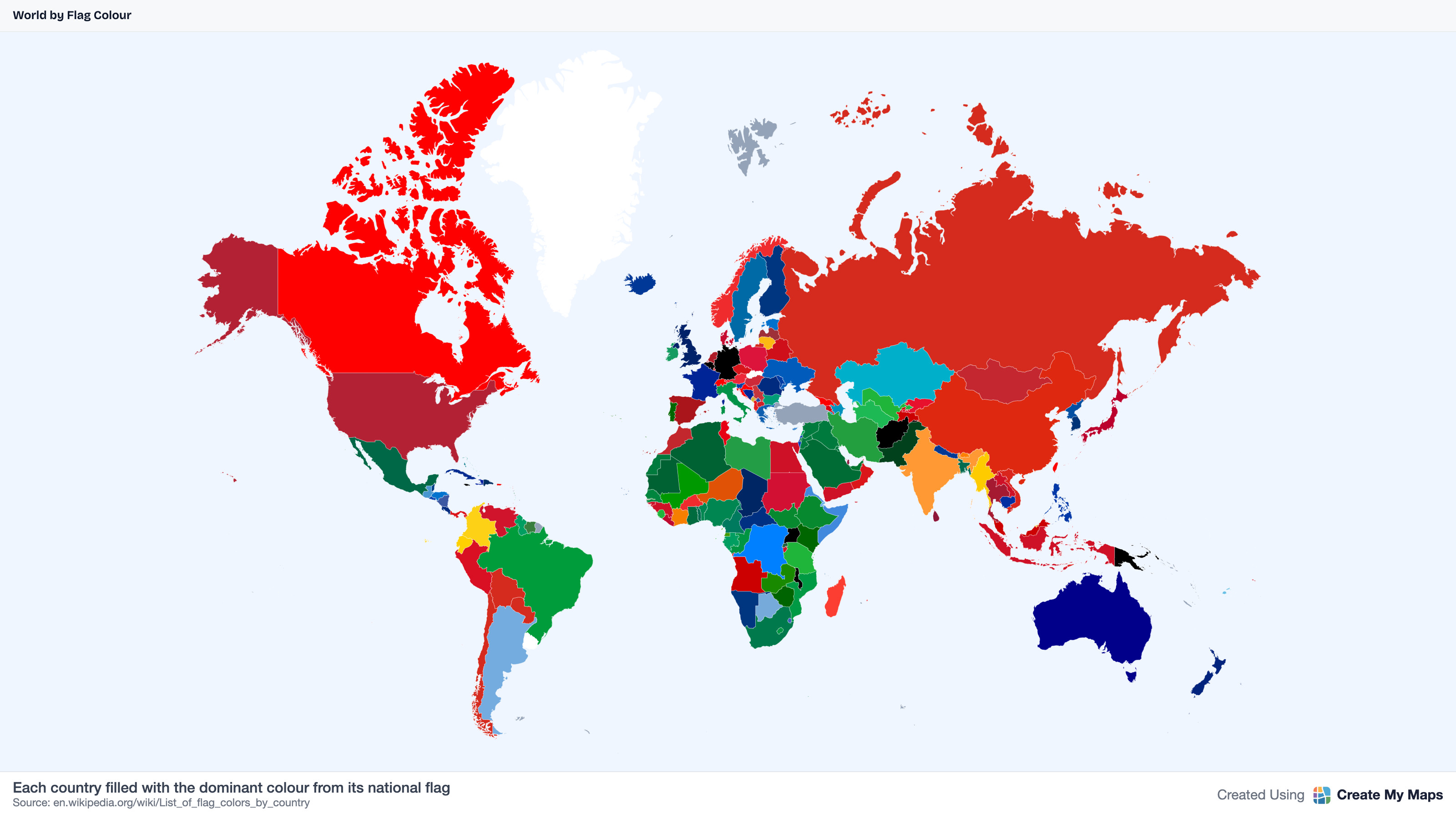 World coloured by each country's dominant flag colour
